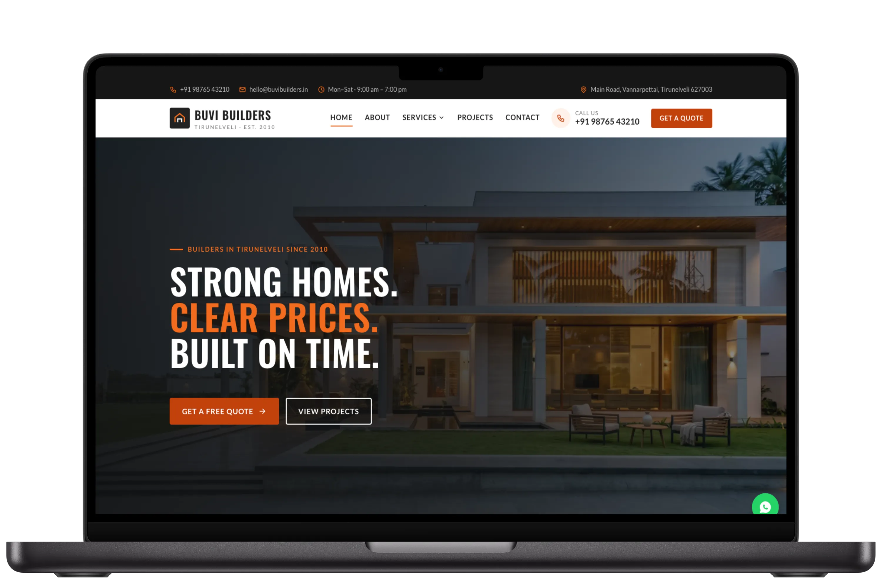 Buvi Builders demo website shown on a laptop