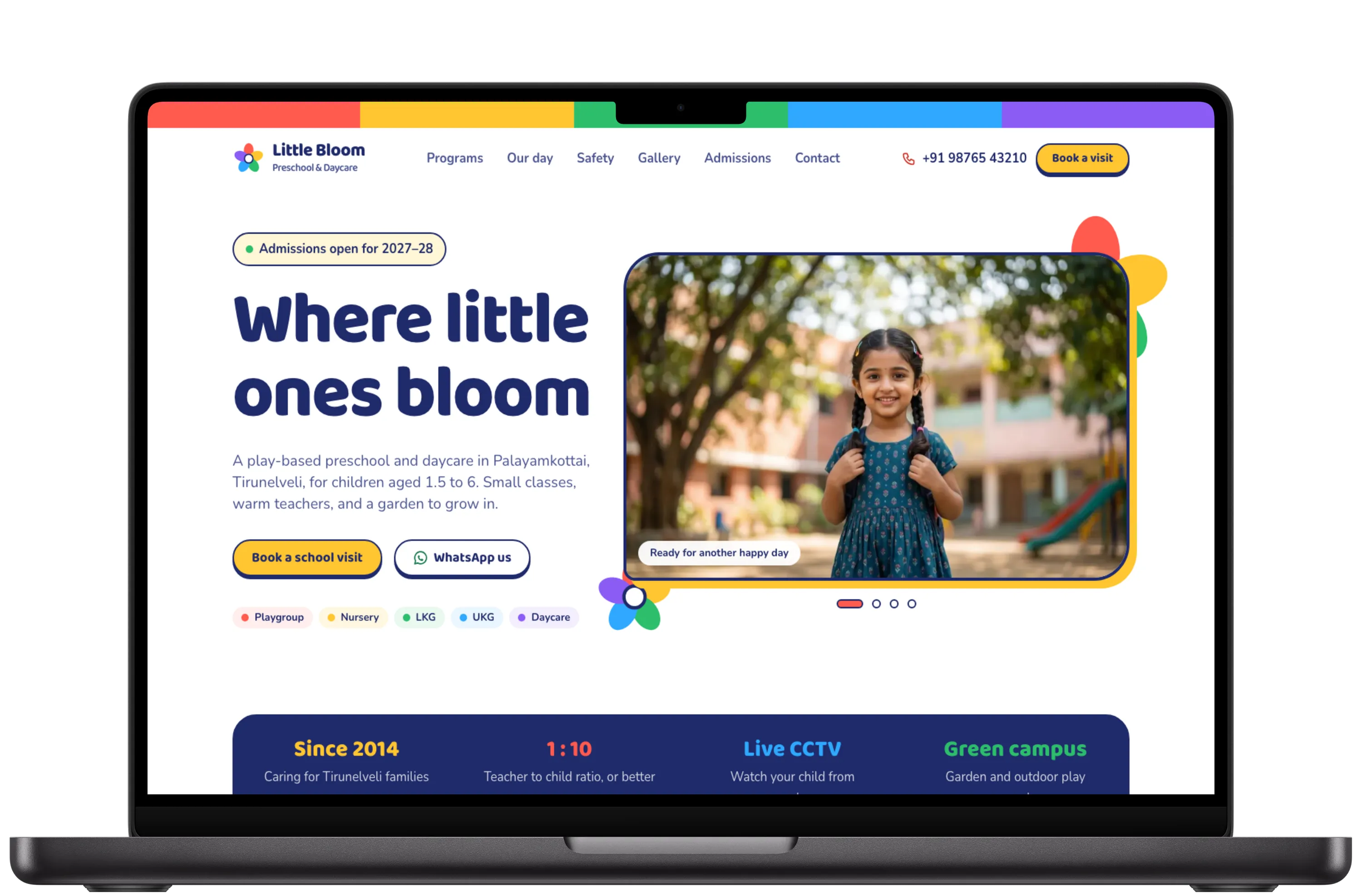 Little Bloom Preschool demo website shown on a laptop