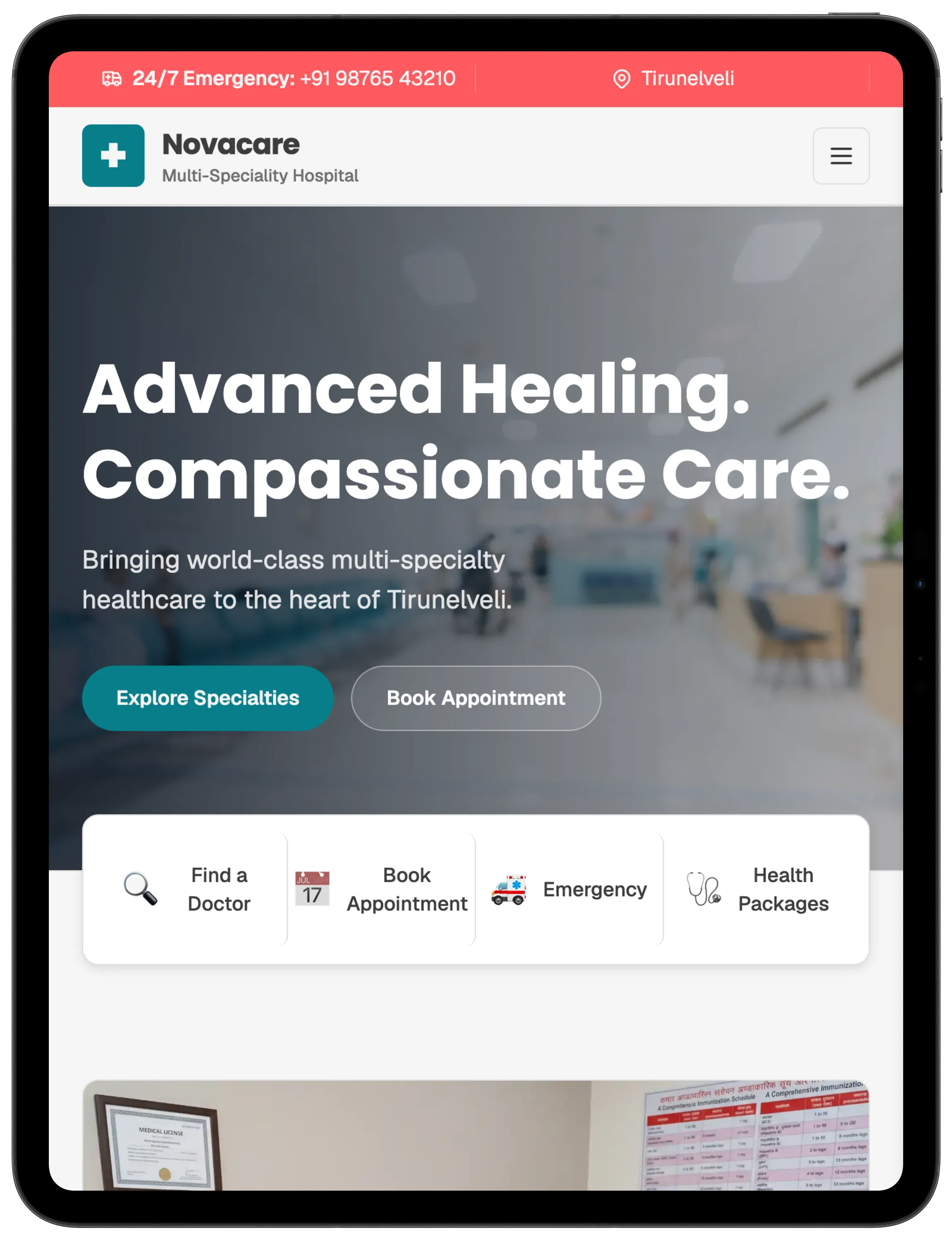 Novacare Hospital on a tablet, portrait